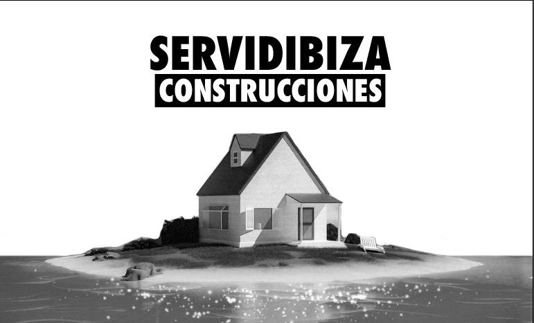 Logotipo de ServidIbiza Construcciones con una ilustración de casa sobre una isla rodeada de agua.